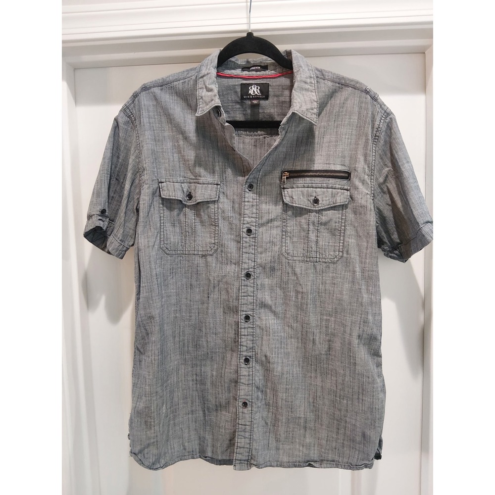 Rock & Republic Mens Grey Short Sleeve Button Down Stretch Shirt XL Zipper